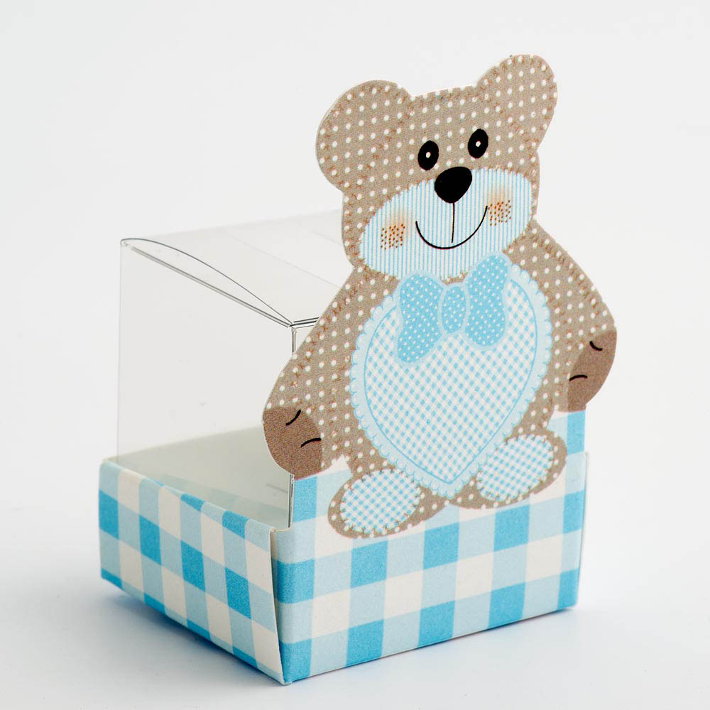 Blue Teddy Bear with Transparent Cube Insert Favour Box