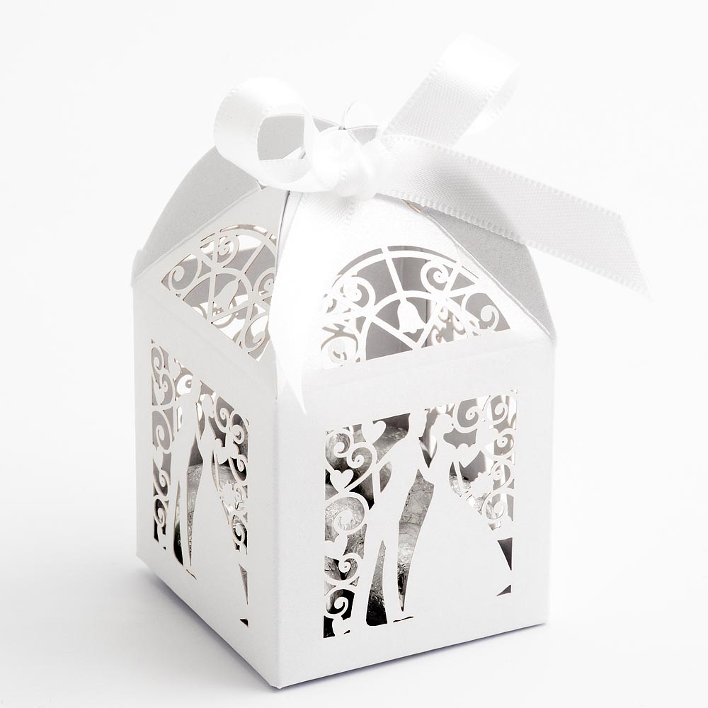 Filigree Bride & Groom Favour Box - Pearlised White