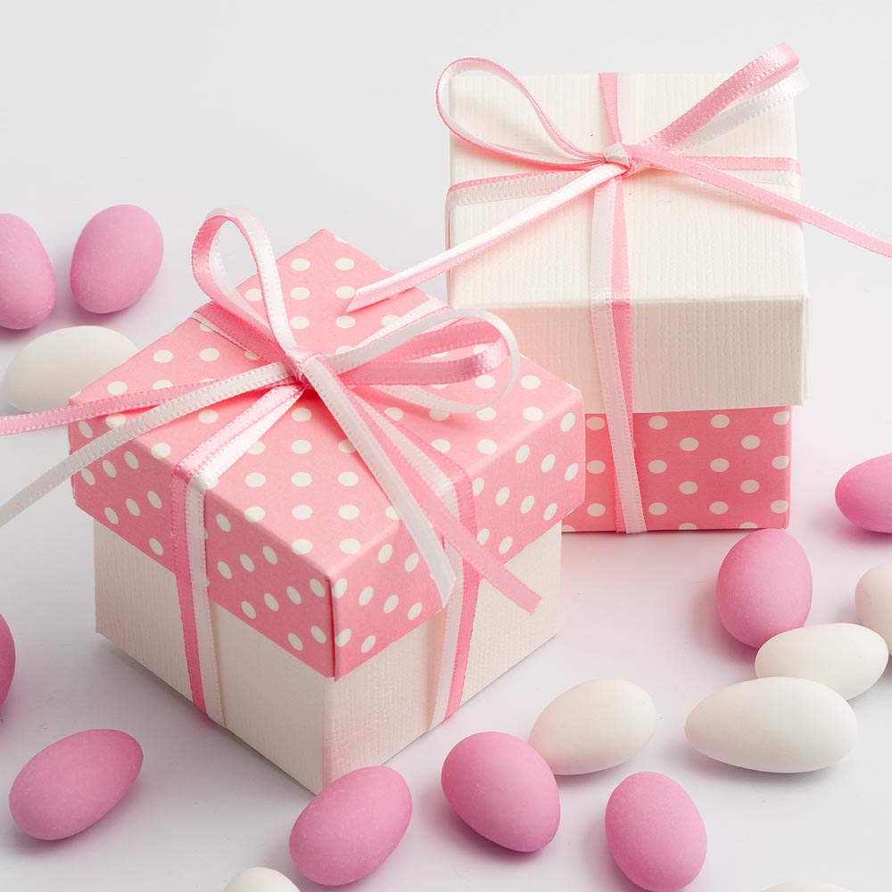 Pink Polka Dot & White Silk Square Box and Lid