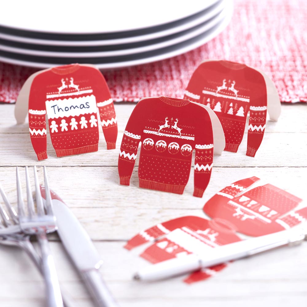 Red And White Christmas Jumper Place Cards