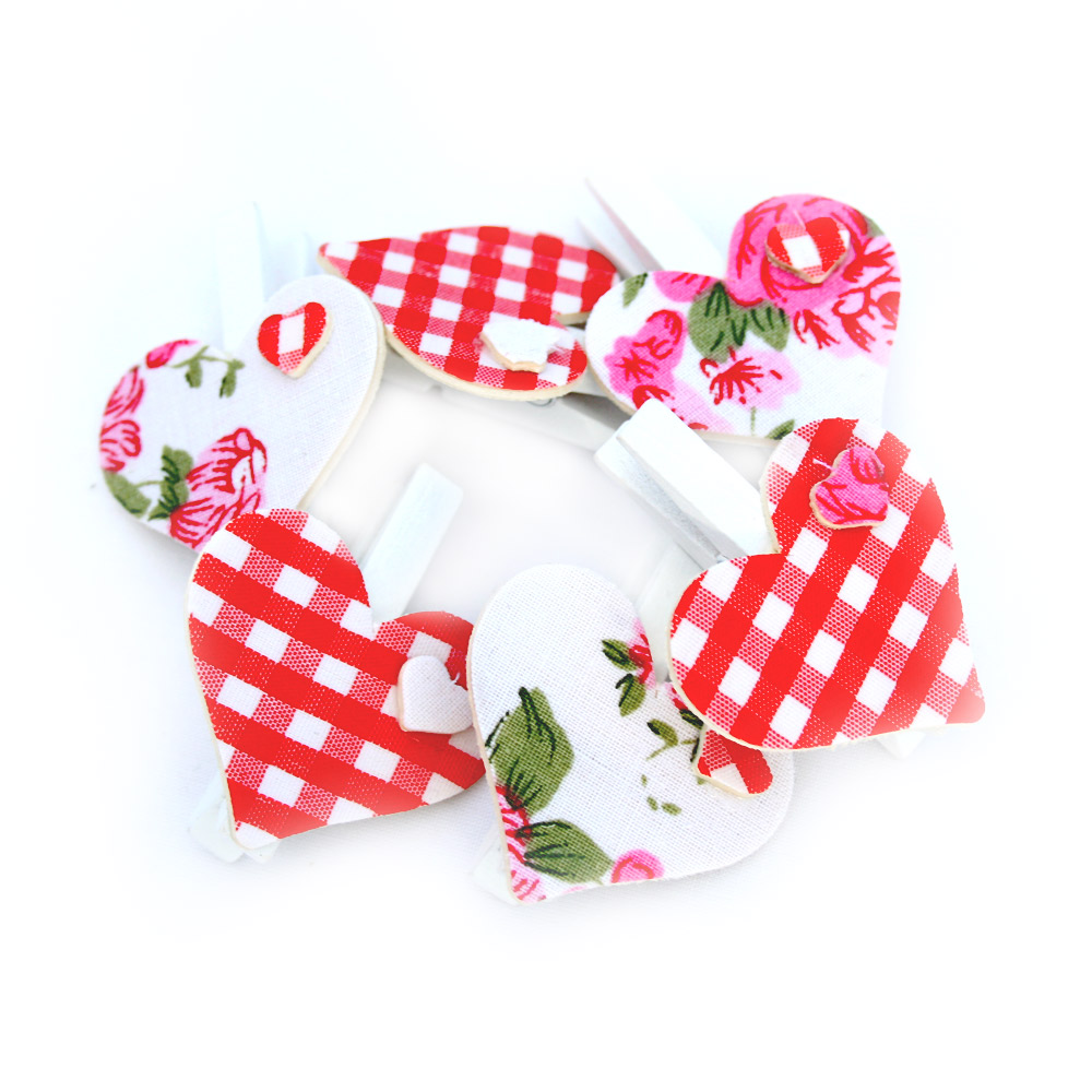 Red Floral and Check Heart Pegs