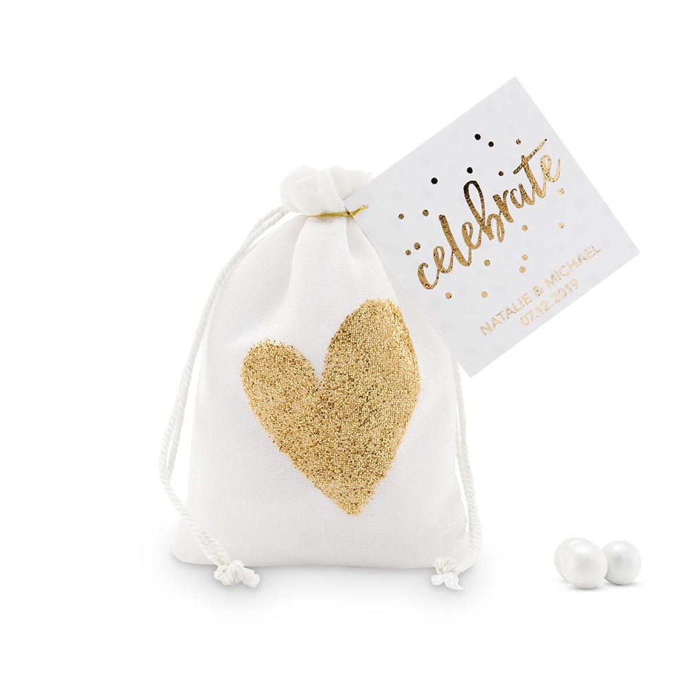 Gold Glitter Heart Muslin Favour Bags - Small