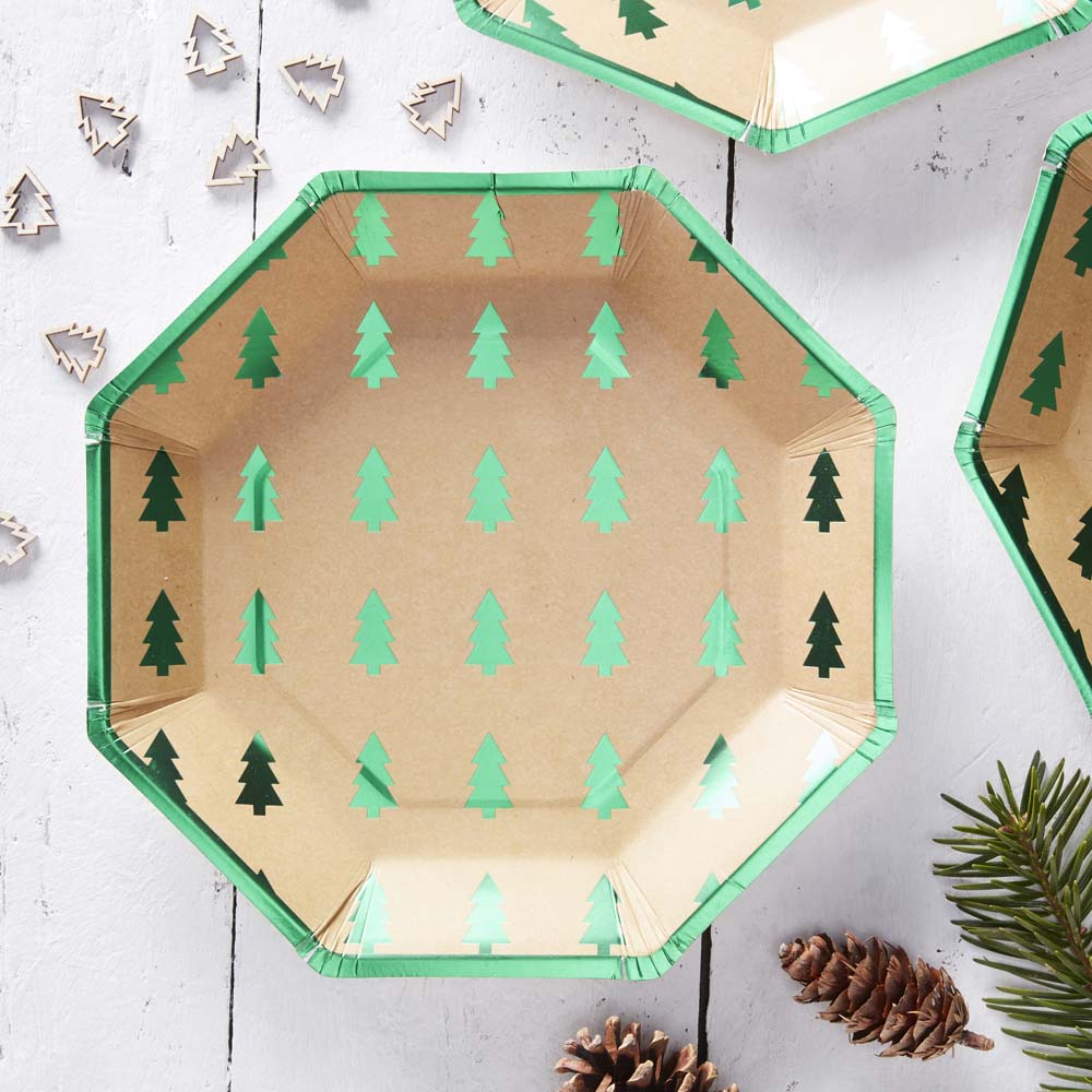 Green Foiled Christmas Tree Paper Plates