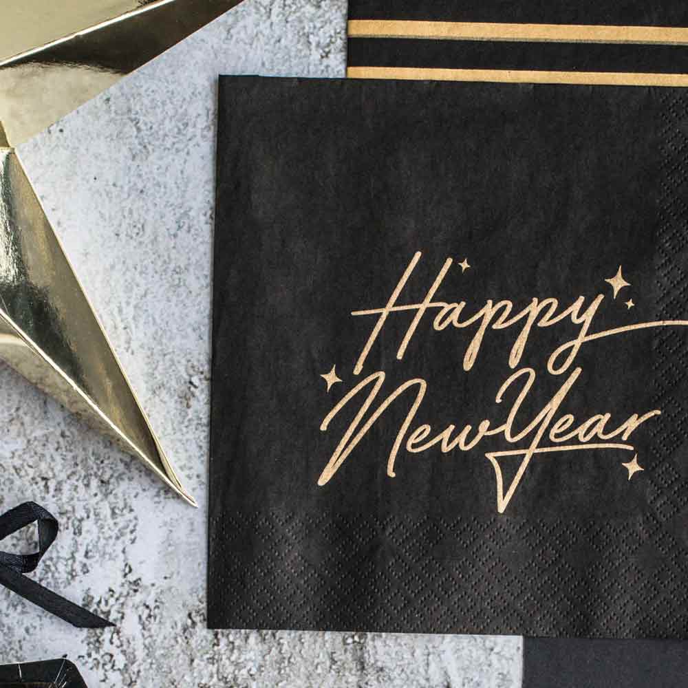 Black & Gold Happy New Year Paper Napkins